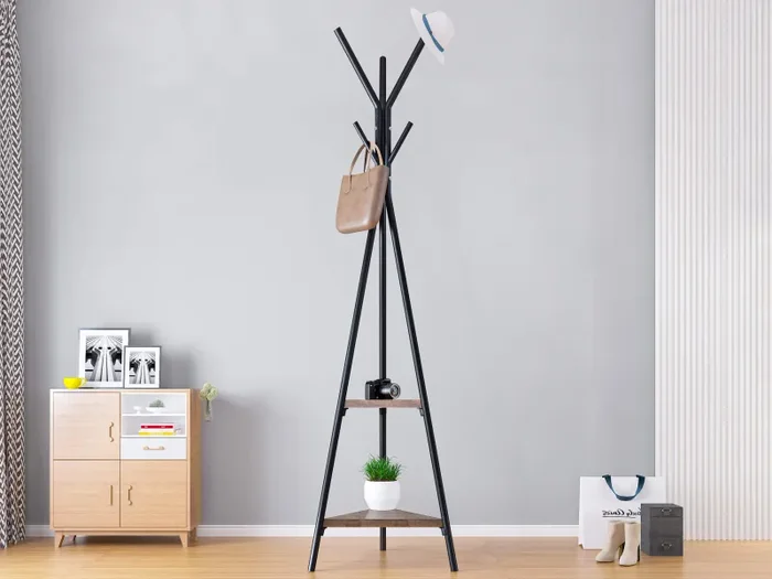 Appendiabiti da Terra 2 Ripiani 41,5x50x180 cm in Acciaio e MDF Lenox Nero/Noce - immagine 2