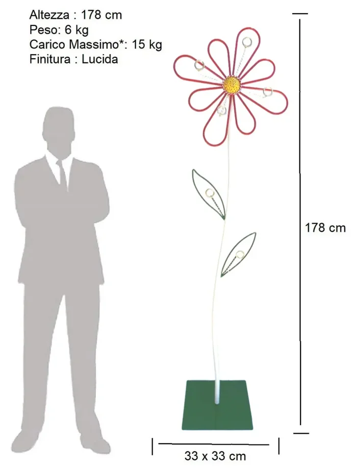Appendiabiti da Terra 33x33x178 cm in Ferro Battuto Margherita Rosso - immagine 3