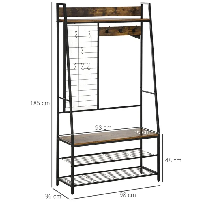 Appendiabiti da Terra 98x36x185 cm con Scarpiera e Panca in Legno e Acciaio Marrone - immagine 3