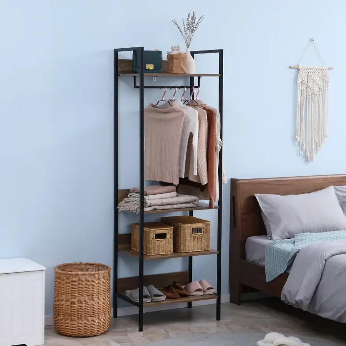 Appendiabiti da Terra con 4 Ripiani 60x40x180 cm in Truciolato e Acciaio Marrone - immagine 2