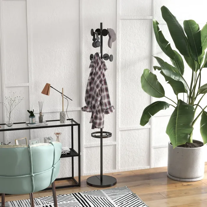 Appendiabiti da Terra Ø34×177 cm con Portaombrelli e 8 Ganci in Metallo Nero - immagine 2