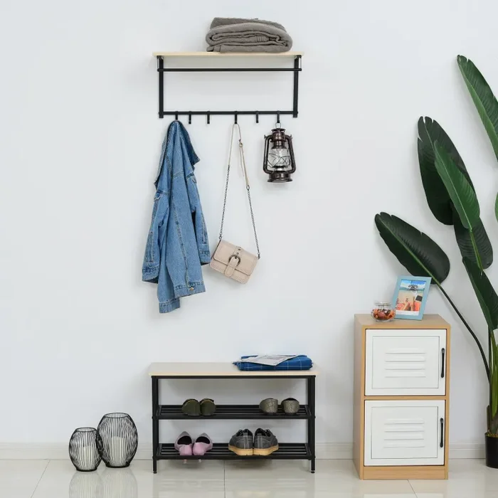 Appendiabiti Panchina per Ingresso con Scarpiera in Legno e Metallo Nero - immagine 2