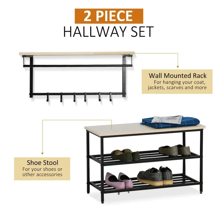 Appendiabiti Panchina per Ingresso con Scarpiera in Legno e Metallo Nero - immagine 3