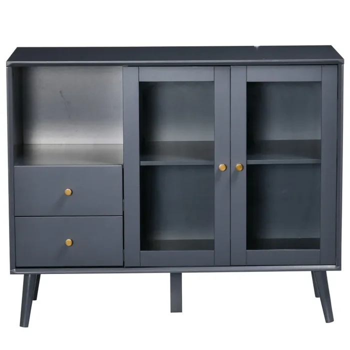 Armadietto 95,5x40x78 cm 2 Ante in Vetro 2 Cassetti e Piano d’Appoggio Grigio