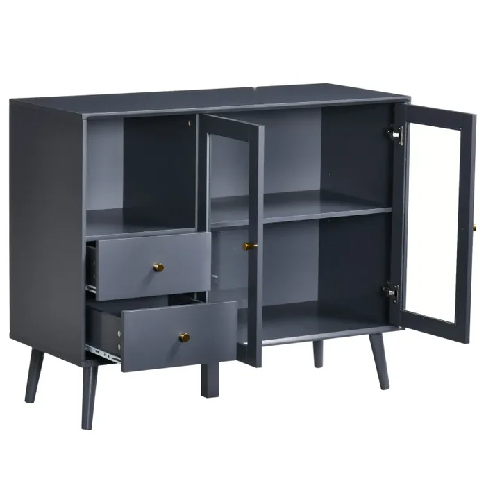 Armadietto 95,5x40x78 cm 2 Ante in Vetro 2 Cassetti e Piano d’Appoggio Grigio - immagine 2