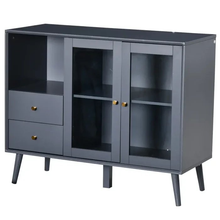 Armadietto 95,5x40x78 cm 2 Ante in Vetro 2 Cassetti e Piano d’Appoggio Grigio - immagine 3