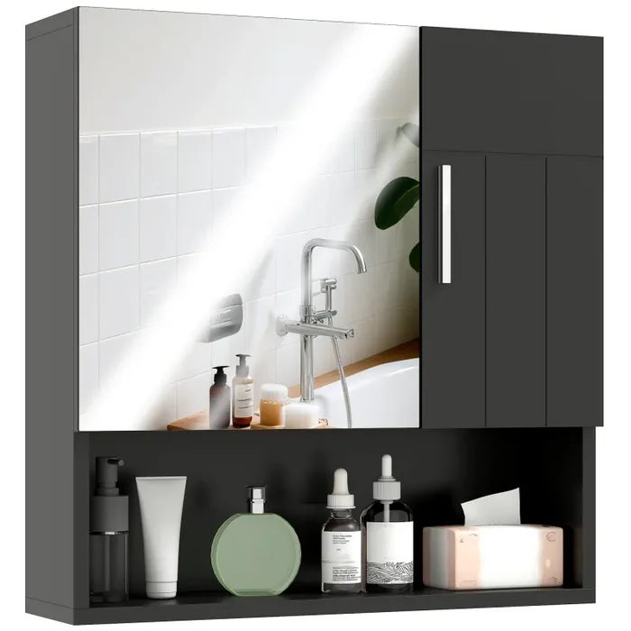 Armadietto a Specchio per Bagno 54×15,2×55,3 cm con Ripiano Aperto in Legno Nero