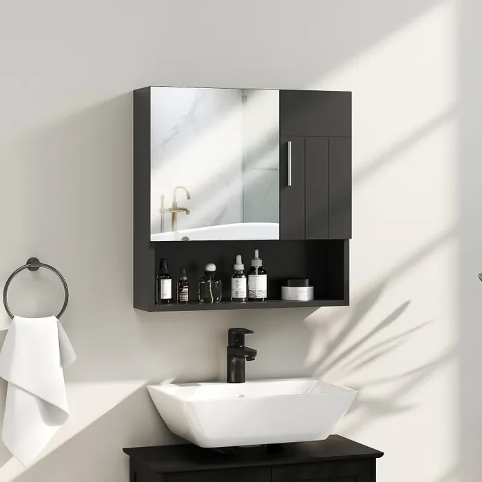 Armadietto a Specchio per Bagno 54×15,2×55,3 cm con Ripiano Aperto in Legno Nero - immagine 2