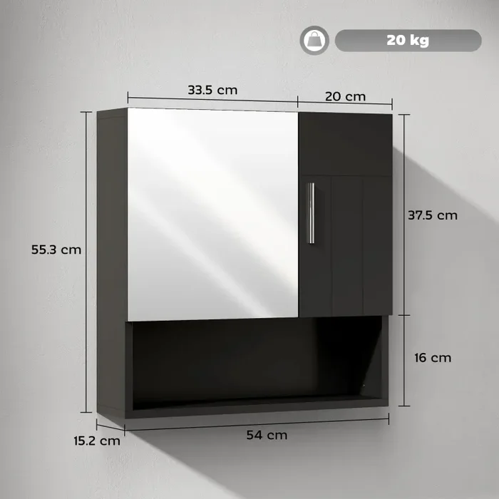Armadietto a Specchio per Bagno 54×15,2×55,3 cm con Ripiano Aperto in Legno Nero - immagine 3