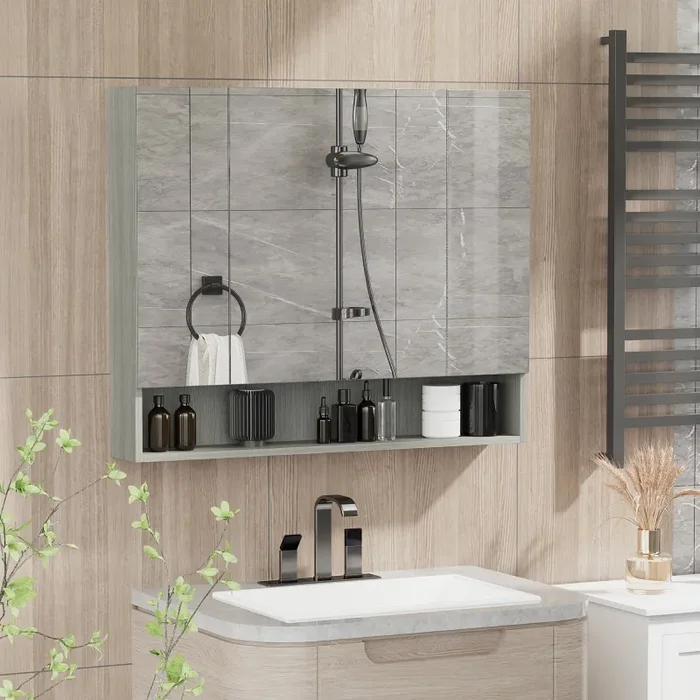 Armadietto a Specchio per Bagno con Ripiani Regolabili 3 Porte e Mensola 90x15x75 cm Grigio - immagine 2