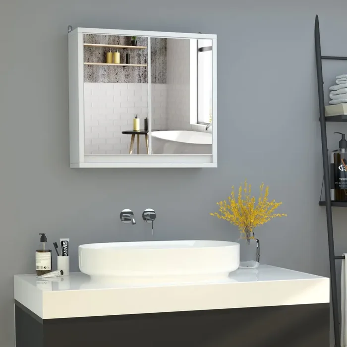 Armadietto Bagno a 2 Ante con Specchiera e Ripiano Regolabile 48×14,5×45 cm in MDF Bianco - immagine 2