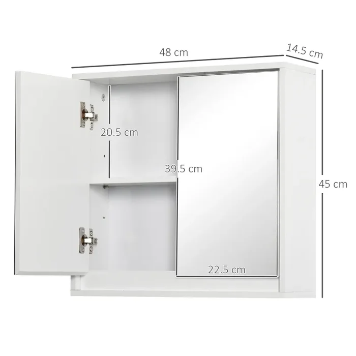 Armadietto Bagno a 2 Ante con Specchiera e Ripiano Regolabile 48×14,5×45 cm in MDF Bianco - immagine 3