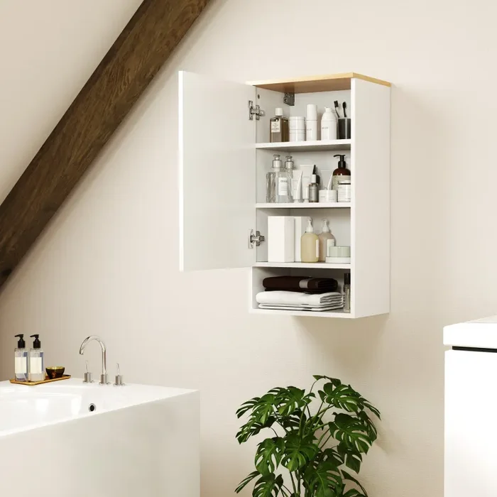 Armadietto Bagno Pensile a Muro 40x27x77 cm con Mensole Regolabili in Legno e MDF Bianco - immagine 2