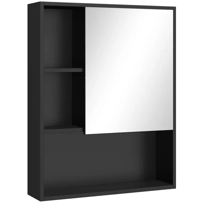 Armadietto con Specchio da Bagno con Mensole a Giorno 60x15x76cm Nero