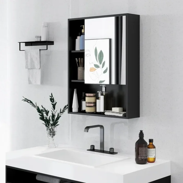 Armadietto con Specchio da Bagno con Mensole a Giorno 60x15x76cm Nero - immagine 2