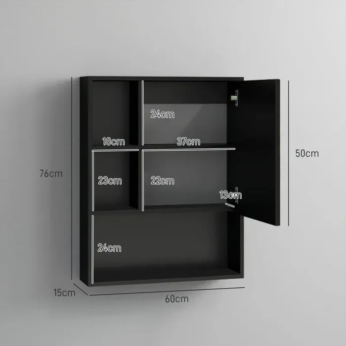 Armadietto con Specchio da Bagno con Mensole a Giorno 60x15x76cm Nero - immagine 3