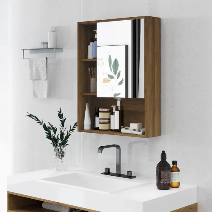 Armadietto con Specchio da Bagno con Mensole a Giorno 60x15x76cm Noce Moda - immagine 2