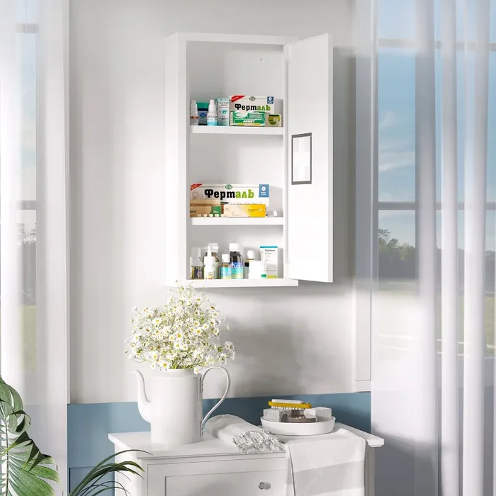 Armadietto Medicinali a 3 Ripiani con Porta Magnetica 30x12x60 cm in Acciaio Bianco - immagine 2