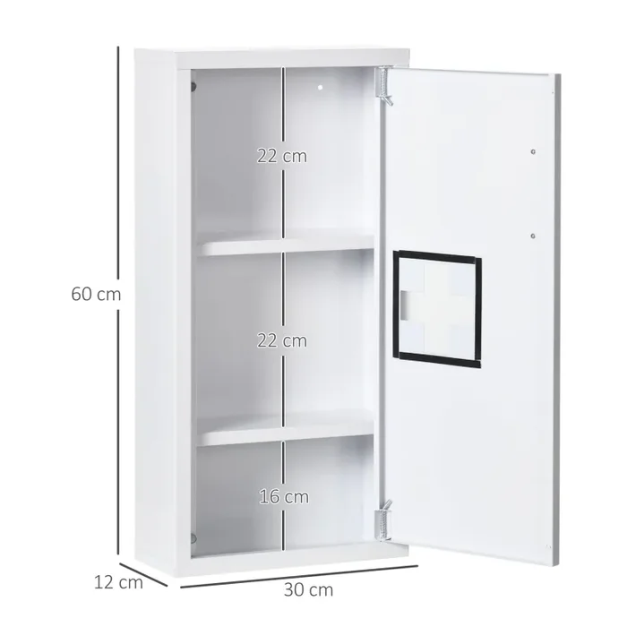 Armadietto Medicinali a 3 Ripiani con Porta Magnetica 30x12x60 cm in Acciaio Bianco - immagine 3