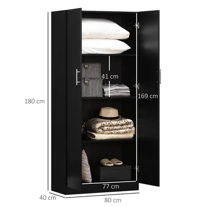 Armadio 2 Ante 4 Ripiani 80x40x180 cm in Legno MDF Nero - immagine 3