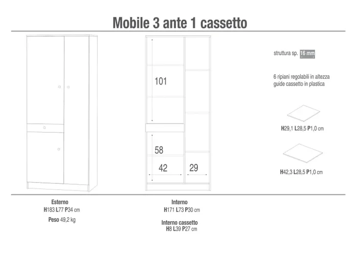 Armadio 3 Ante 1 Cassetto 77x183x34 cm Bianco Lisco - immagine 2