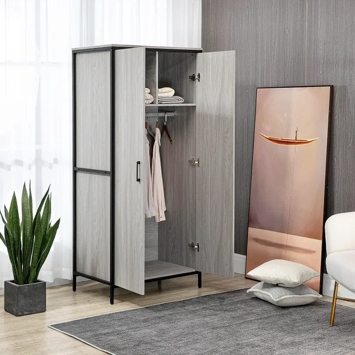 Armadio Guardaroba 2 Ante 80x50x179 cm in Legno MDF e Acciaio Grigio - immagine 2