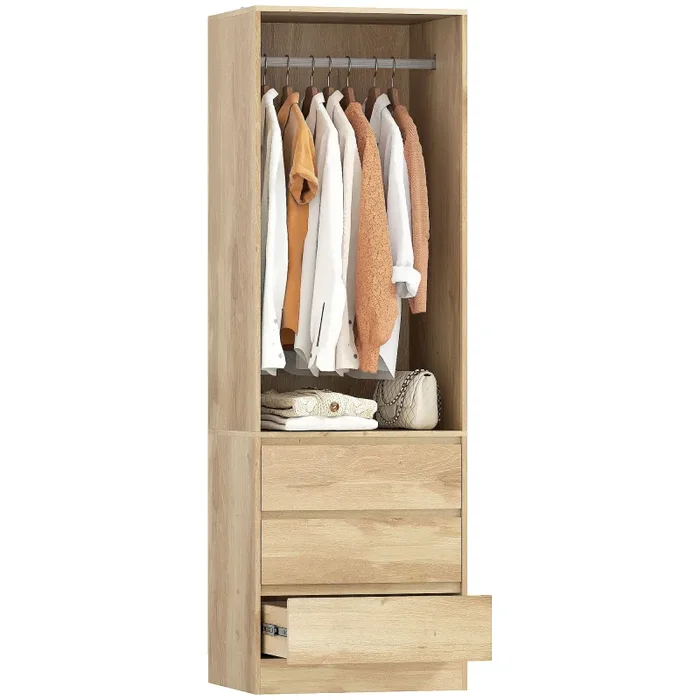 Armadio Guardaroba Aperto con Asta Appendiabiti e 3 Cassetti 60×48,5×185 cm color Teak Moda