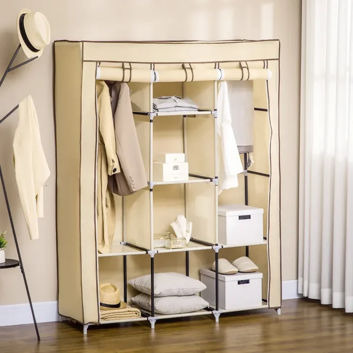 Armadio Guardaroba da Campeggio 125x43x162,5 cm 8 Ripiani in Tessuto Beige - immagine 2