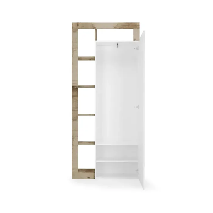 Armadio Guardaroba Ingresso con Ripiani a giorno e Specchio 90,5x30x210 cm Hamburg Bianco Lucido e Pero - immagine 3