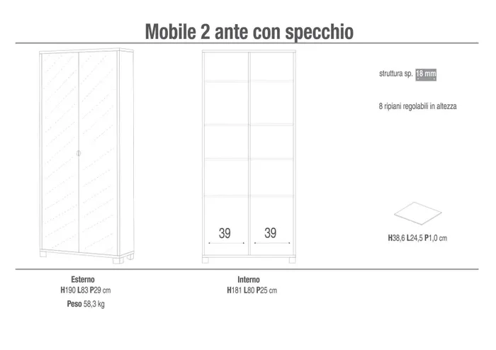 Armadio Multiuso 2 Ante con Specchio 83x190x29 cm Noce Stelvio - immagine 2