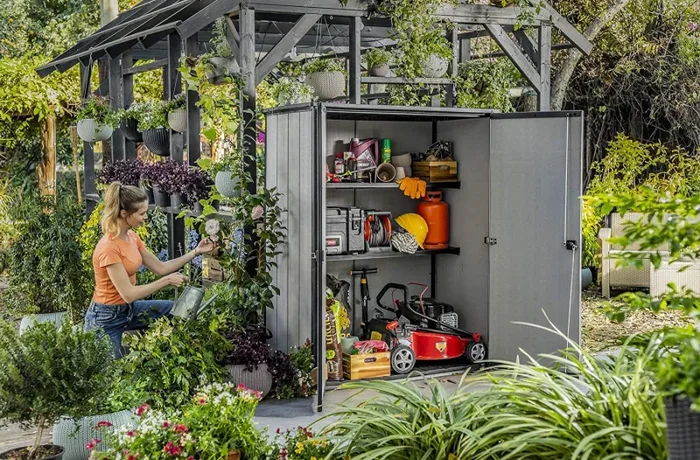 Armadio Porta Attrezzi da Giardino 140×170,4×73,6 cm in Resina Keter Hight Store Grigio - immagine 2