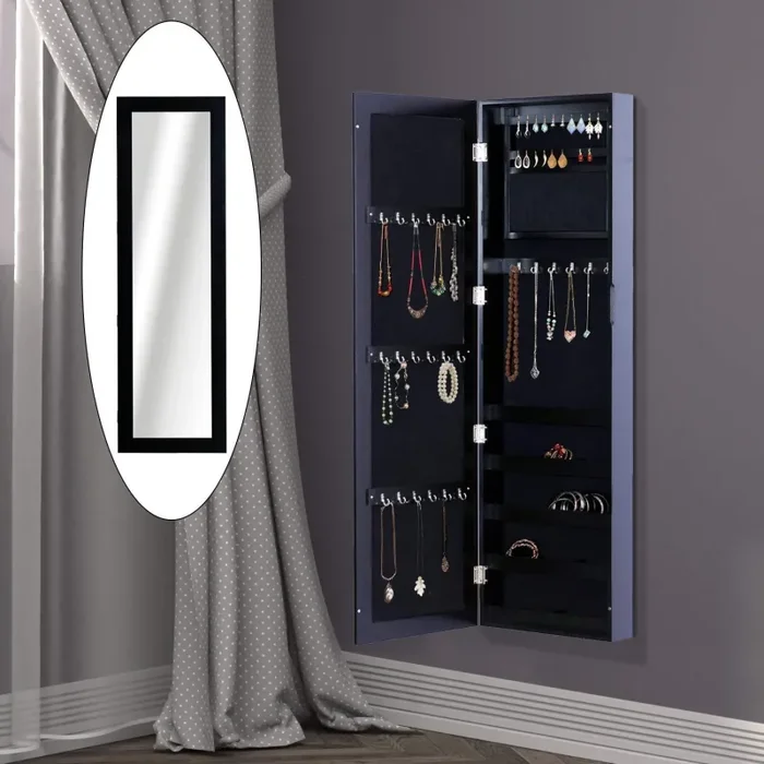 Armadio Portagioielli da Parete con Specchio in Legno MDF Nero 37×9.5×121 cm - immagine 2