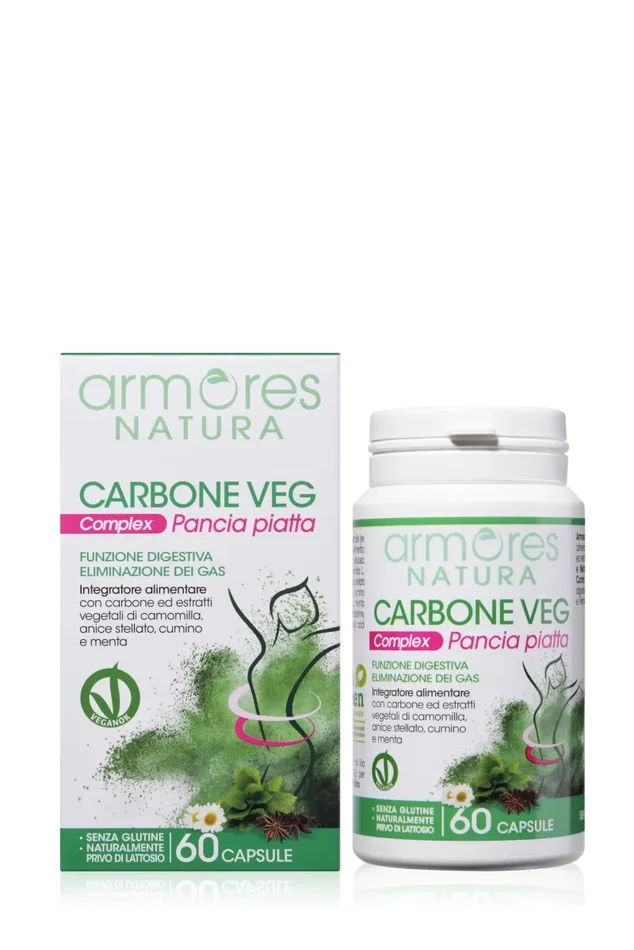 Armores Natura Integratori Alimentari, Carbone Vegetale Complex, per la Riduzione Del Gonfiore, con Carbone Attivo ed Estratti Vegetali di Camomilla, Anice Stellato, Cumino e Menta, 60 capsule