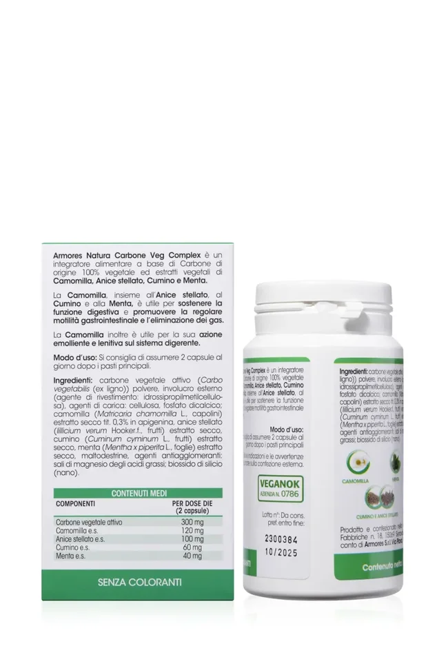 Armores Natura Integratori Alimentari, Carbone Vegetale Complex, per la Riduzione Del Gonfiore, con Carbone Attivo ed Estratti Vegetali di Camomilla, Anice Stellato, Cumino e Menta, 60 capsule - immagine 2