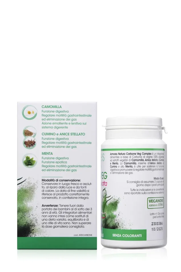 Armores Natura Integratori Alimentari, Carbone Vegetale Complex, per la Riduzione Del Gonfiore, con Carbone Attivo ed Estratti Vegetali di Camomilla, Anice Stellato, Cumino e Menta, 60 capsule - immagine 3