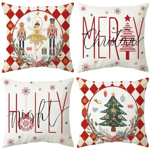 ARNTY Natale Federe Cuscini Divano 45×45, Natale Federe Cuscino,Cuscini Natalizi,Copricuscini Divano Set di 4 Fodere Cuscini Moderna Federe Decorative Camera da Letto Divano Cuscino per Esterno