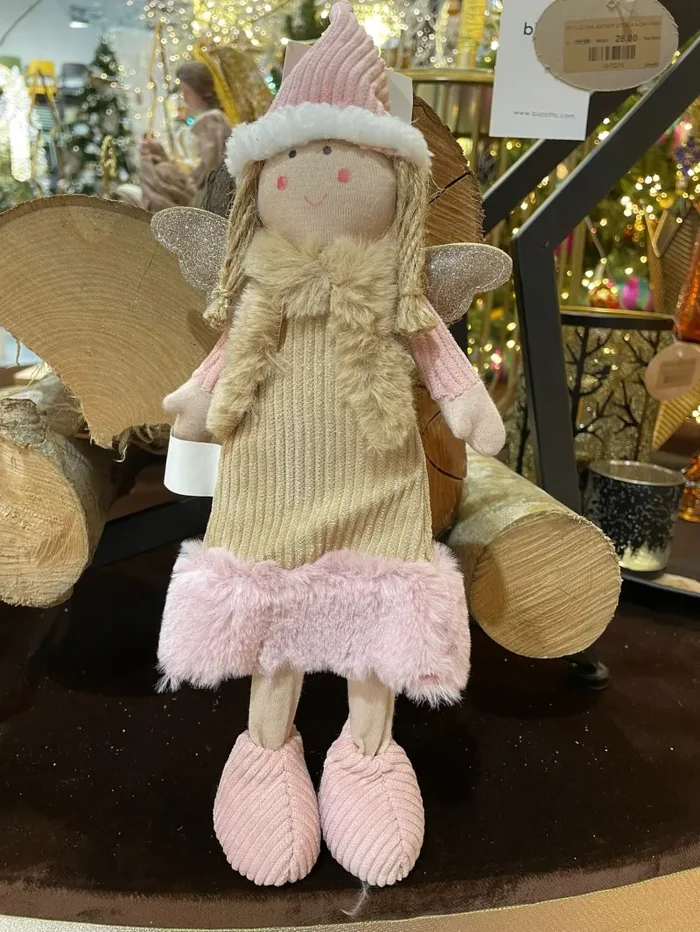 ARPIMEX Angioletto di Natale con Cappello Rosa in Stoffa H 35 Cm Beige