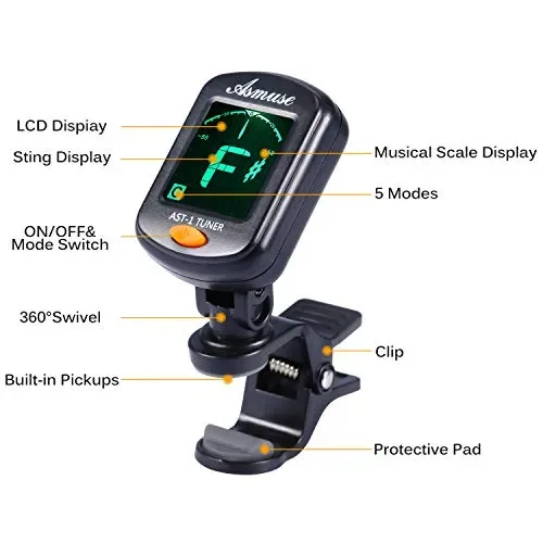 Asmuse Accordatore Clip per Chitarra Violino Ukulele Basso Elettrico Nero-T - immagine 3
