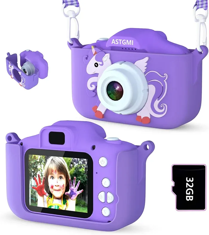 ASTGMI Macchina Fotografica Bambini, 12MP Mini Ricaricabile Fotocamera Digitale Bambina Videocamera Regalo per Ragazze Ragazzi 3-10 Anni, con Scheda 32 GB, Regali Giocattolo di Natale & Compleanno