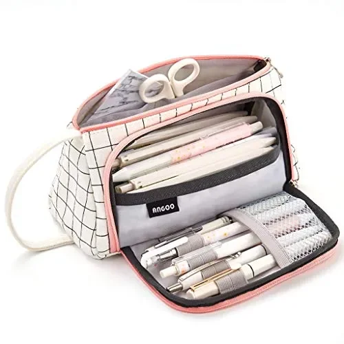 Astuccio Portamatite Grande Capacità Trucco Borsa Portamonete Plaid Bianco