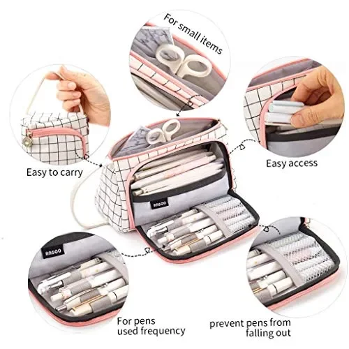 Astuccio Portamatite Grande Capacità Trucco Borsa Portamonete Plaid Bianco - immagine 2
