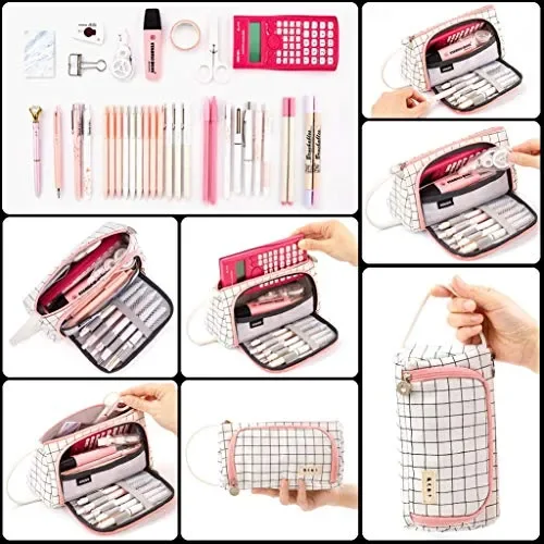 Astuccio Portamatite Grande Capacità Trucco Borsa Portamonete Plaid Bianco - immagine 3