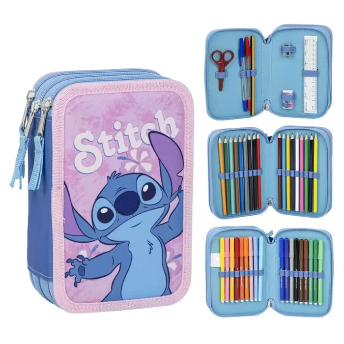 Astuccio Stitch Disney astuccio multiscomparto 3 zip per la scuola completo 44 pezzi penne matite colori pennarelli