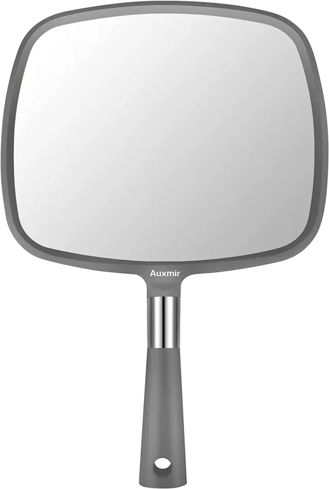 Auxmir Specchio Trucco Specchio Portatile Professionale Specchio Parrucchiere 23×20 cm Specchio a Mano con Manico Antiscivolo Alta Definizione per Barbiere Salone, Bianco