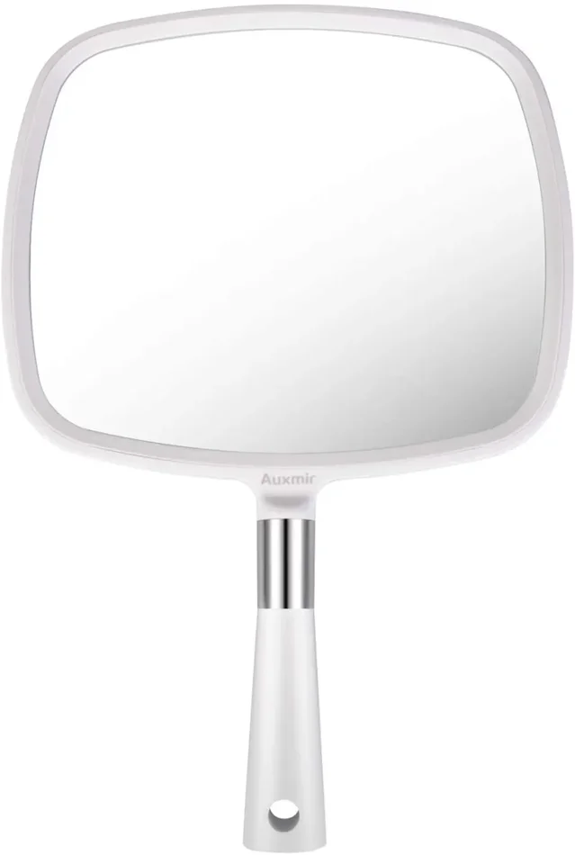 Auxmir Specchio Trucco Specchio Portatile Professionale Specchio Parrucchiere 23×20 cm Specchio a Mano con Manico Antiscivolo Alta Definizione per Barbiere Salone, Bianco - immagine 3