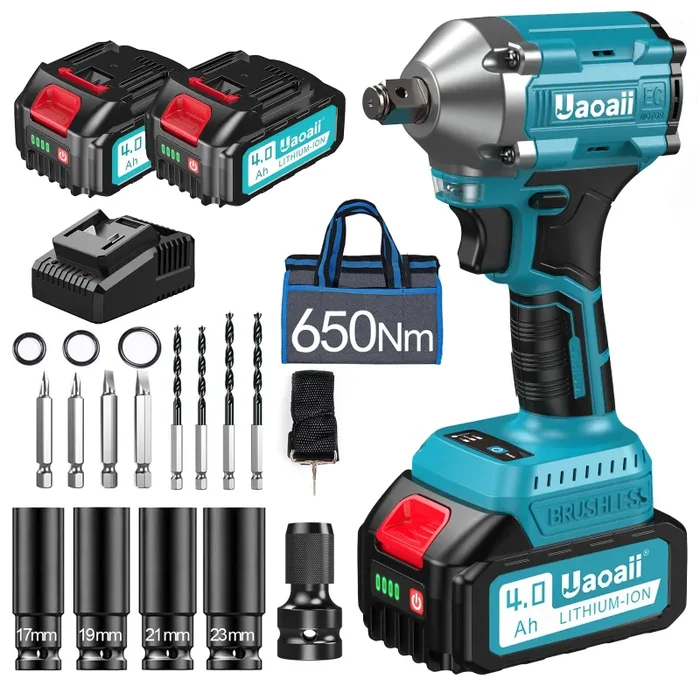 Avvitatore a impulsi a batteria da 650 N.m, 2 pezzi da 4000 mAh e caricatore rapido, avvitatore a percussione con 5 ugelli a percussione e 8 punte, avvitatore a percussione per auto e uso