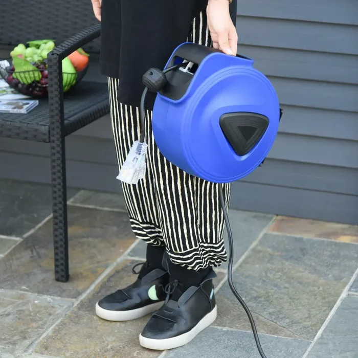 Avvolgicavo Elettrico Automatico da Parete 10m 3 Attacchi Blu - immagine 2