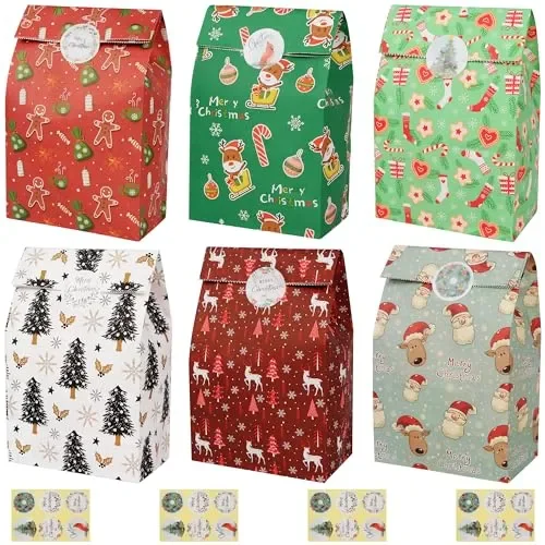 AWCIGG 24 Pezzi Sacchetti Regalo Carta Natale Buste Regalo Pacchetti Bustine Regalo Natalizie Piccole Sacchettini Natalizi per Regali Fine Festa Bambini con 24 Adesivi
