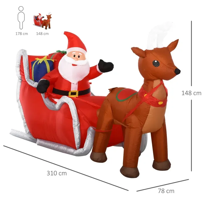 Babbo Natale Gonfiabile 310x78x148 cm con Luci LED Slitta e Renna per Esterno - immagine 3