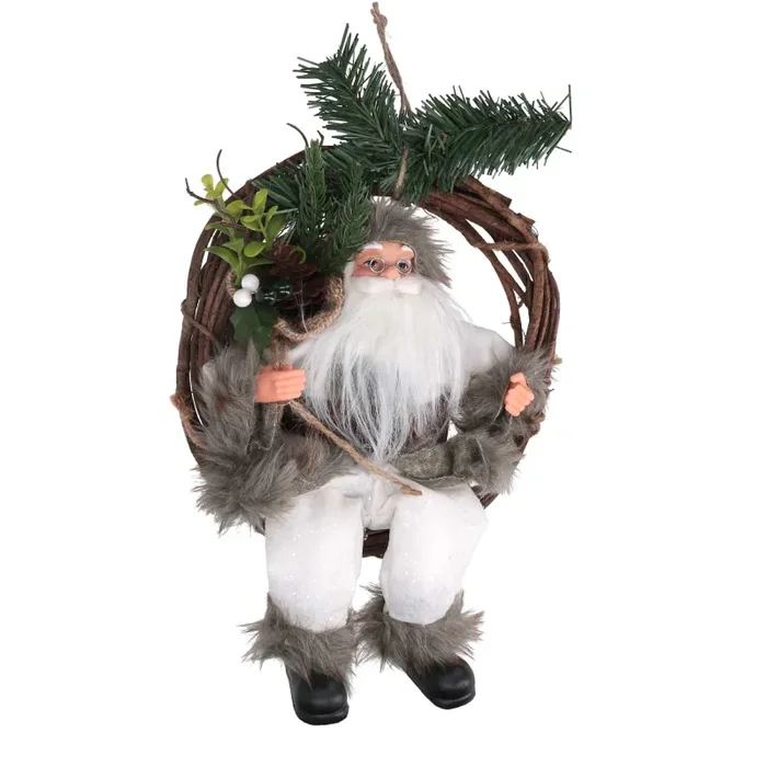 Babbo natale in tessuto su ghirlanda bianco cm xh32/49
